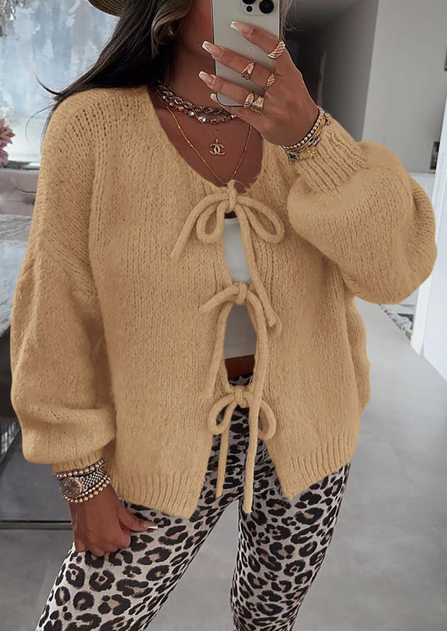 PRETTYGARDEN Women's Tie Front Bow Cardigan Sweaters Chunky Knit Long Puff Sleeve Trendy Fall Winter Jacket Coats