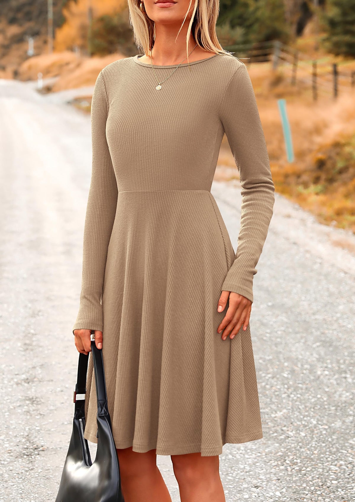 Ribbed Knit Crew Neck Long Sleeve A-Line Flowy Casual Elegant Mini Dresses