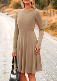 Ribbed Knit Crew Neck Long Sleeve A-Line Flowy Casual Elegant Mini Dresses