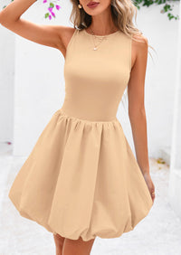 Casual Sleeveless Tank Mini Short Dress Crew Neck Bubble Dress with Pockets