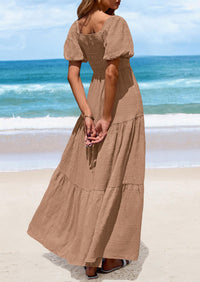 Puff Short Sleeve Square Neck Smocked Tiered Ruffle A Line Flowy Beach Maxi Dresses