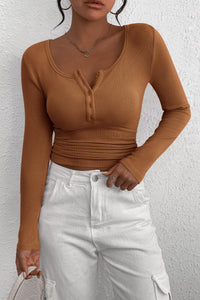 Long Sleeve Henley Button Down Ribbed Knit Slim Fit Casual T-shirts