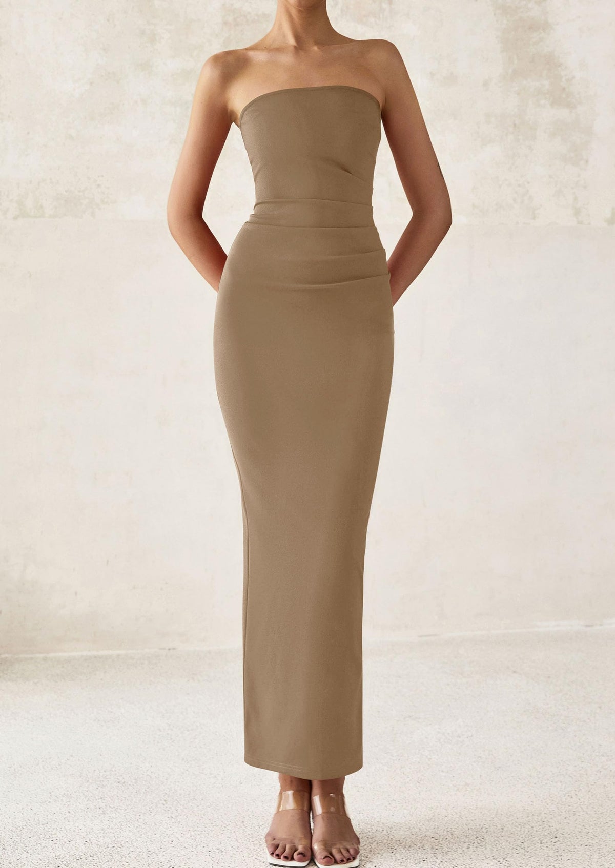 Strapless Tube Bodycon Ruched Slit Maxi Dresses