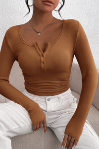 Long Sleeve Henley Button Down Ribbed Knit Slim Fit Casual T-shirts