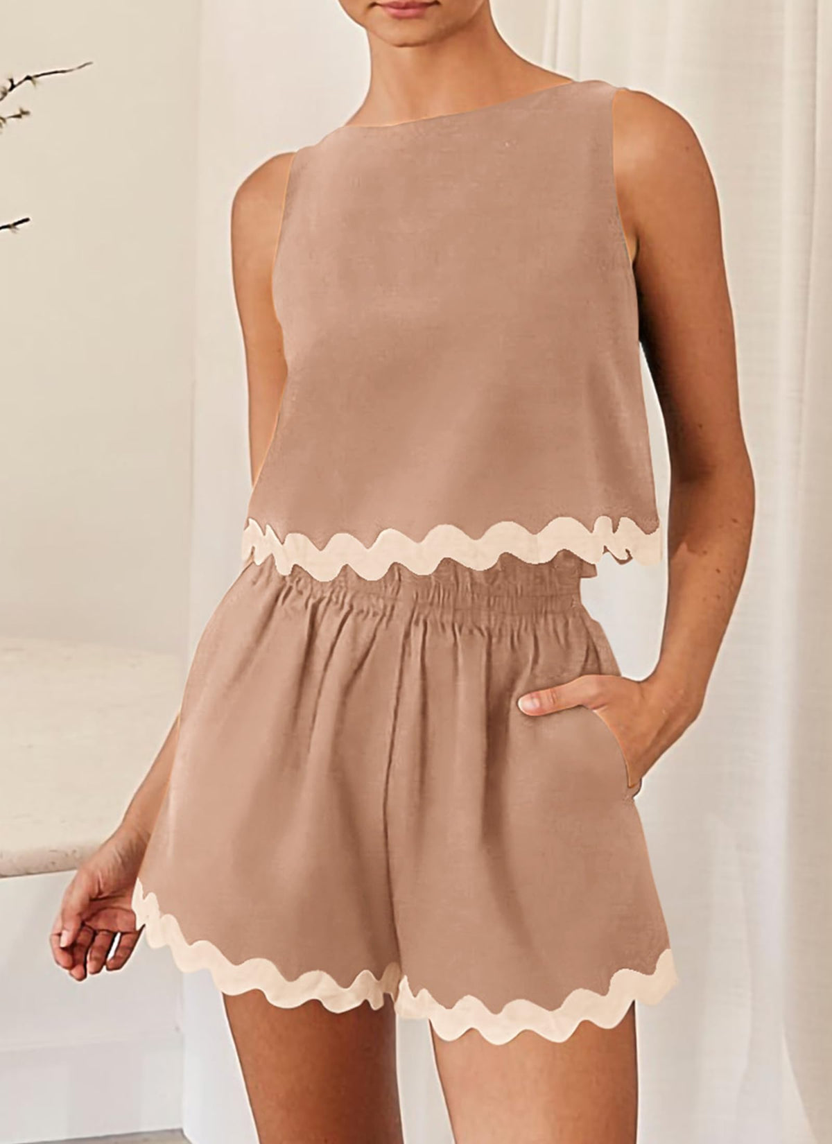 Beach Vacation Cropped Tank Top High Waist Shorts Two Piece Set