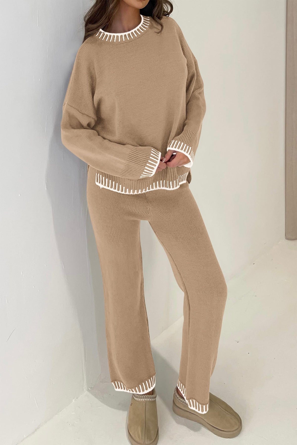 Knitted Casual Long Sleeve Pullover Wide Leg Pant 2 Piece Sets