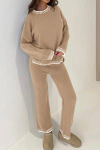 Knitted Casual Long Sleeve Pullover Wide Leg Pant 2 Piece Sets