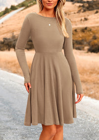 Ribbed Knit Crew Neck Long Sleeve A-Line Flowy Casual Elegant Mini Dresses
