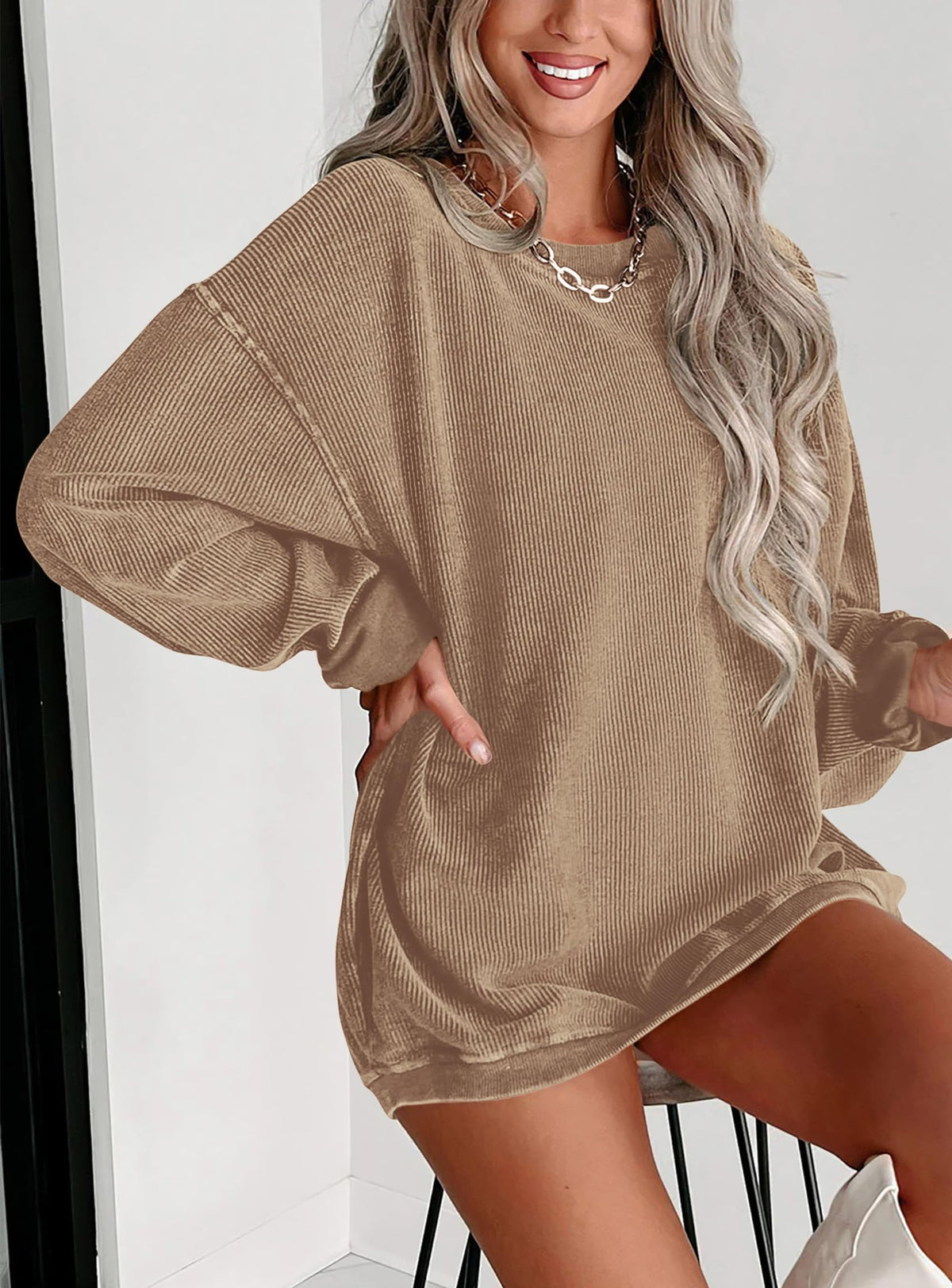 Ribbed Corduroy Crew Neck Long Sleeve Loose Fit Casual Oversized Sweatshirt