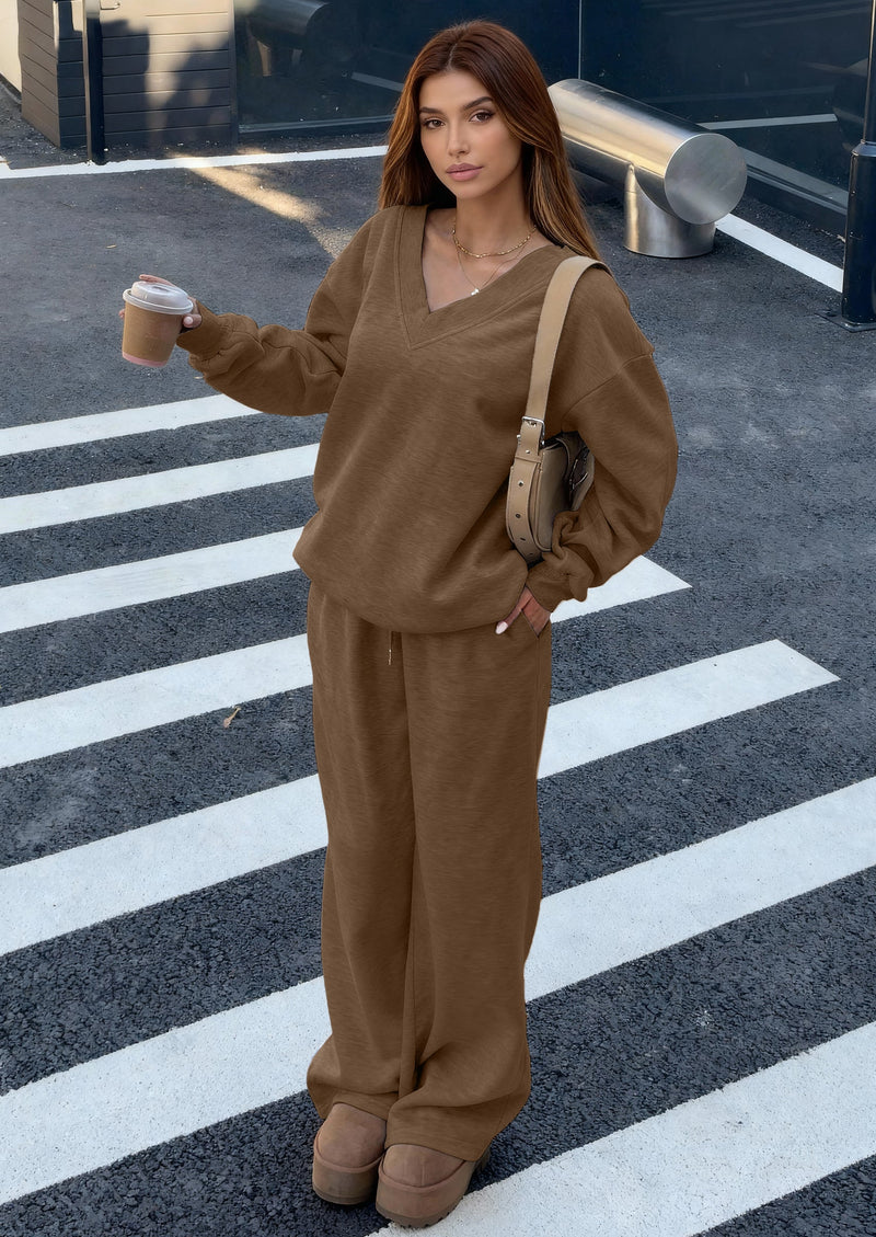 PRETTYGARDEN Casual Winter Two Piece Sets for Women V Neck Sweatshirt Loose Wide Leg Pants Tracksuit Knit Fall Outfits PRETTYGARDEN