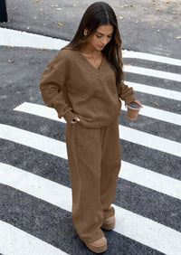 PRETTYGARDEN Casual Winter Two Piece Sets for Women V Neck Sweatshirt Loose Wide Leg Pants Tracksuit Knit Fall Outfits PRETTYGARDEN