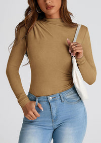 Y2K Long Sleeve Mock Neck Ruched Slim Fitted Casual Blouses