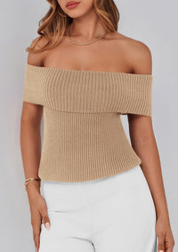 Off Shoulder Ribbed Knit Short Sleeve Blouse