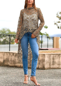 Long Sleeve Round Neck High Low Asymmetrical Irregular Hem Casual Blouse