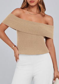 Off Shoulder Ribbed Knit Short Sleeve Blouse