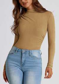 Y2K Long Sleeve Mock Neck Ruched Slim Fitted Casual Blouses