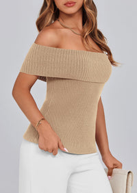 Off Shoulder Ribbed Knit Short Sleeve Blouse