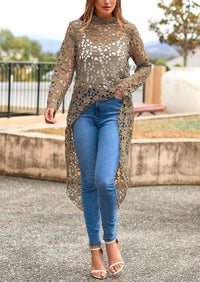 Long Sleeve Round Neck High Low Asymmetrical Irregular Hem Casual Blouse
