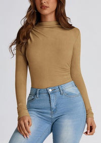 Y2K Long Sleeve Mock Neck Ruched Slim Fitted Casual Blouses