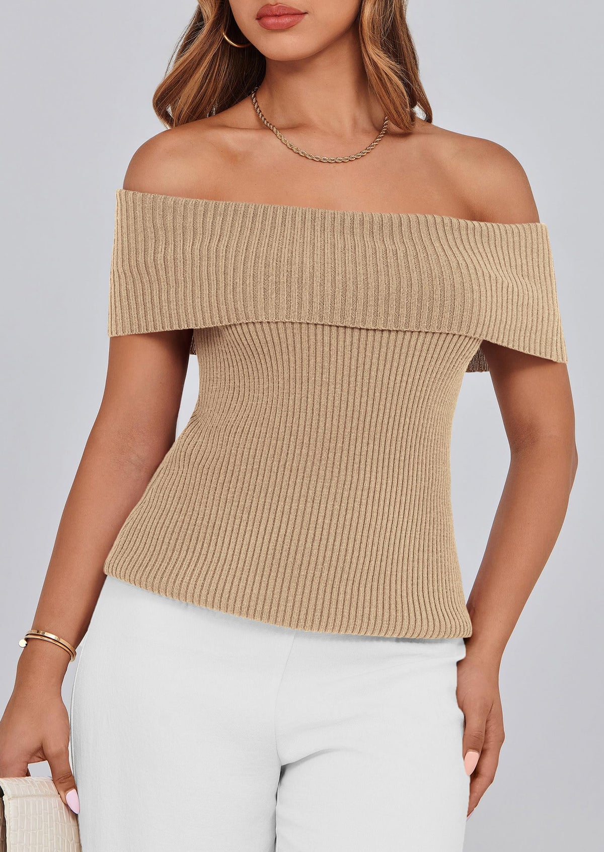 Off Shoulder Ribbed Knit Short Sleeve Blouse