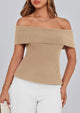 Off Shoulder Ribbed Knit Short Sleeve Blouse