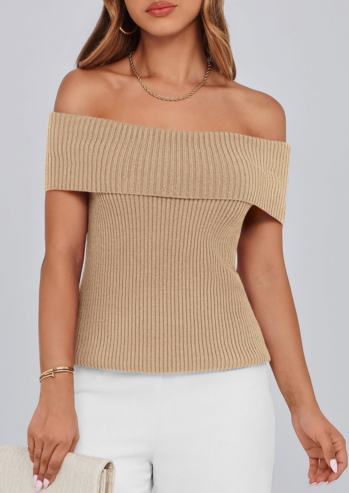 Off Shoulder Ribbed Knit Short Sleeve Blouse