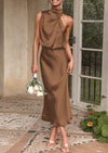 PRETTYGARDEN Women's Summer Satin Dress Elegant Sleeveless Mock Neck Cocktail Party Maxi Dresses