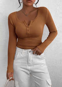 Long Sleeve Henley Button Down Ribbed Knit Slim Fit Blouse