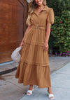 PRETTYGARDEN Women's Summer Maxi Dress Puff Short Sleeve Lapel V Neck Tiered A Line Flowy Elegant Party Dresses with Belt
