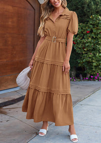Puff Short Sleeve Lapel V Neck Tiered A-Line Flowy Party Dresses With Belt