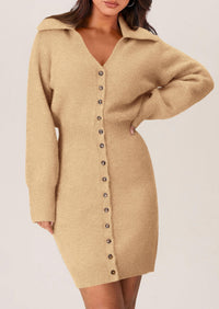 Long Sleeve V Neck Button Down Knit Pullover Sweater Dresses