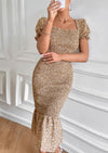 PRETTYGARDEN Bodycon Midi Dresses Summer Floral Puff Sleeve Mermaid Cocktail Baby Shower Photoshoot Maternity Dress