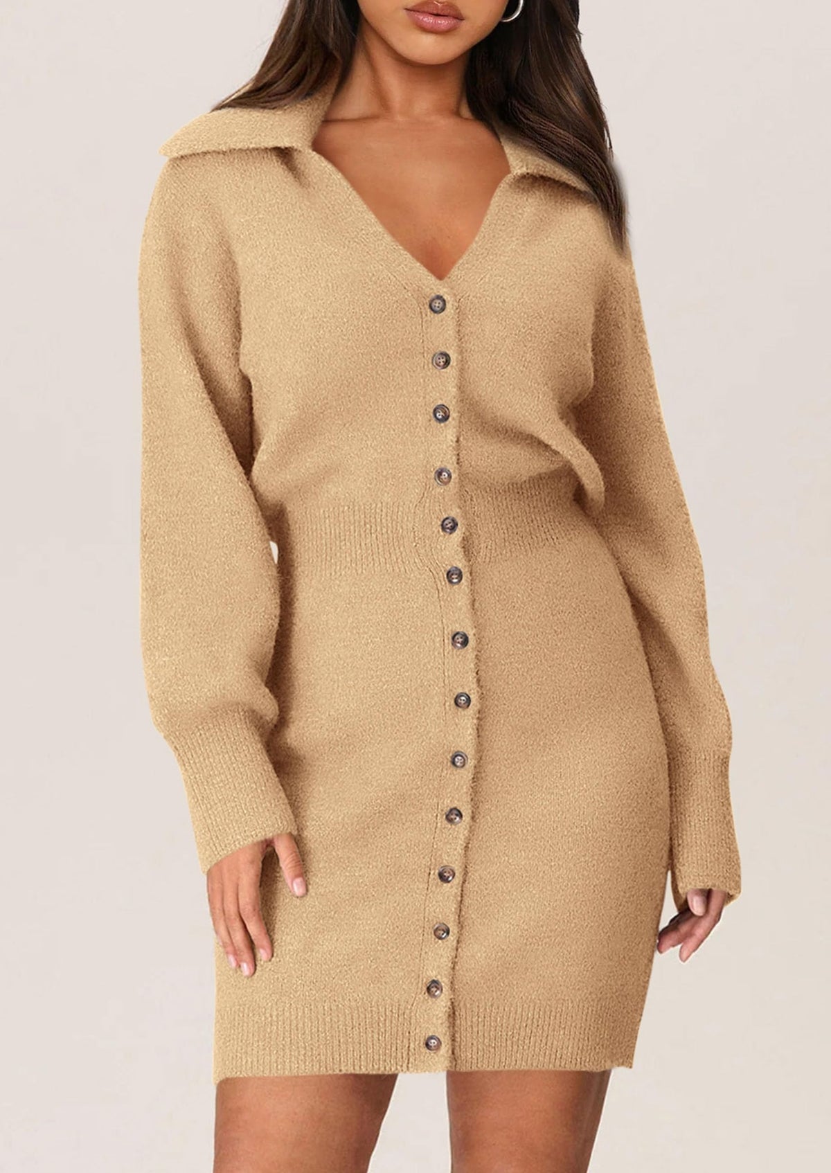 Long Sleeve V Neck Button Down Knit Pullover Sweater Dresses