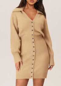 Long Sleeve V Neck Button Down Knit Pullover Sweater Dresses