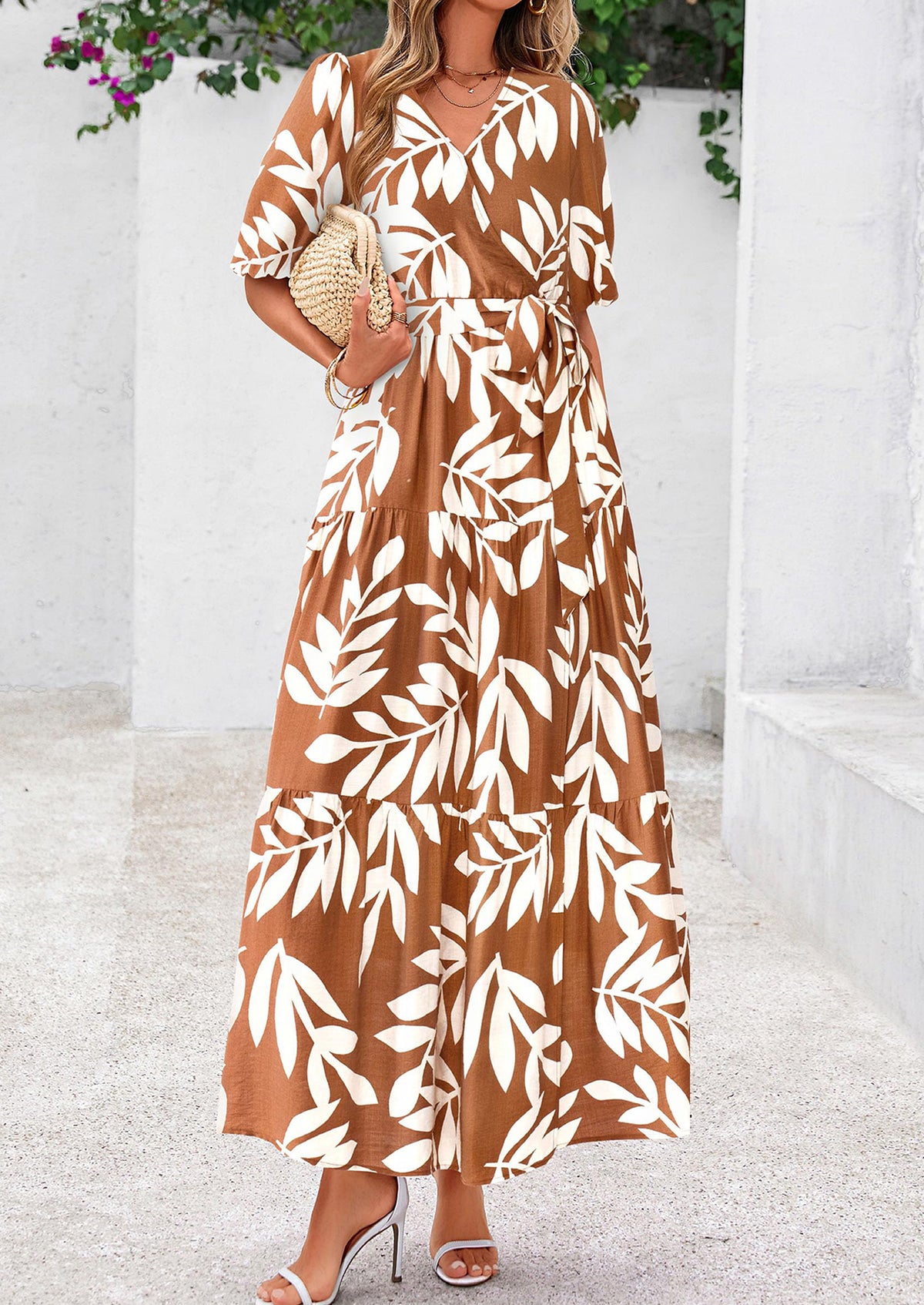 Bohemian Print V-Neck Short Sleeved Ruffled Vacation Maxi Dress
