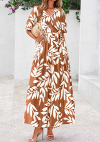 Bohemian Print V-Neck Short Sleeved Ruffled Vacation Maxi Dress