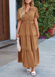 Puff Short Sleeve Lapel V Neck Tiered A-Line Flowy Party Dresses With Belt