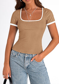 Casual Short Sleeve Ribbed Knit Square Neck Color Block Slim Fit Basic Crop T-shirts