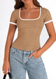 Casual Short Sleeve Ribbed Knit Square Neck Color Block Slim Fit Basic Crop T-shirts