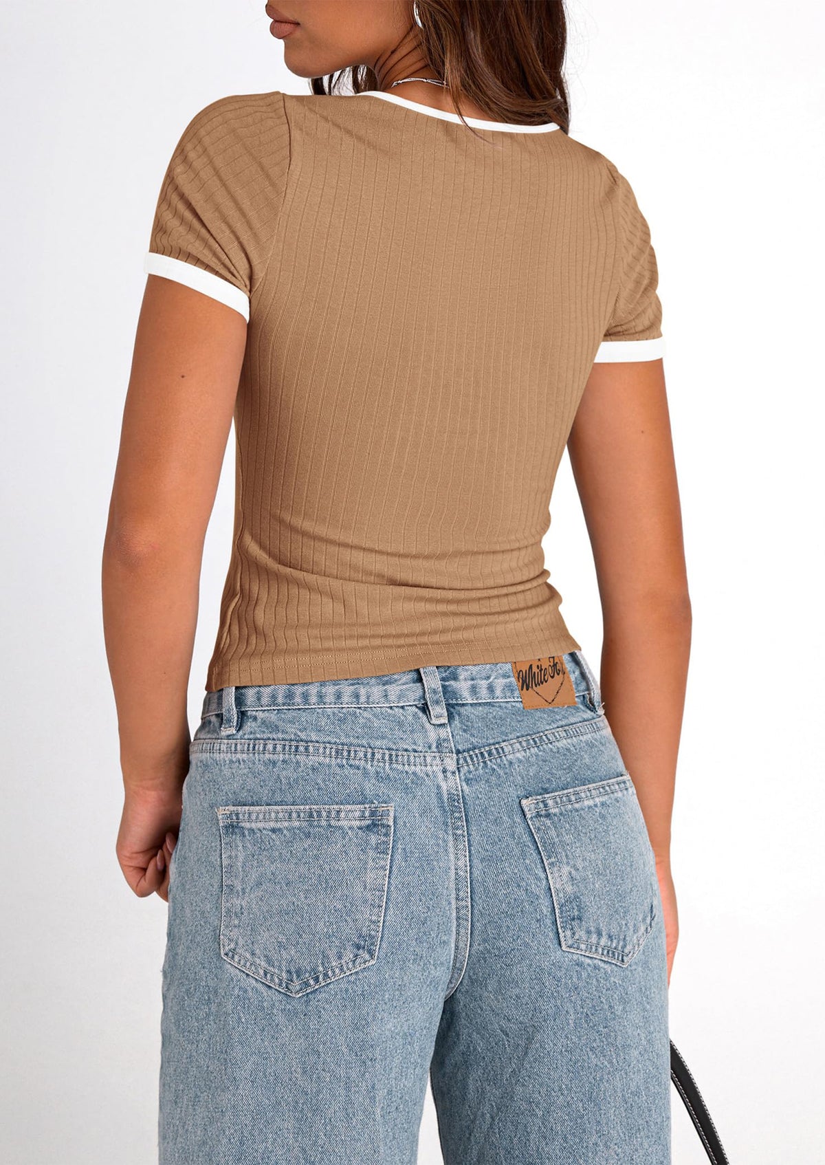 Casual Short Sleeve Ribbed Knit Square Neck Color Block Slim Fit Basic Crop T-shirts