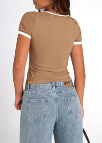 Casual Short Sleeve Ribbed Knit Square Neck Color Block Slim Fit Basic Crop T-shirts