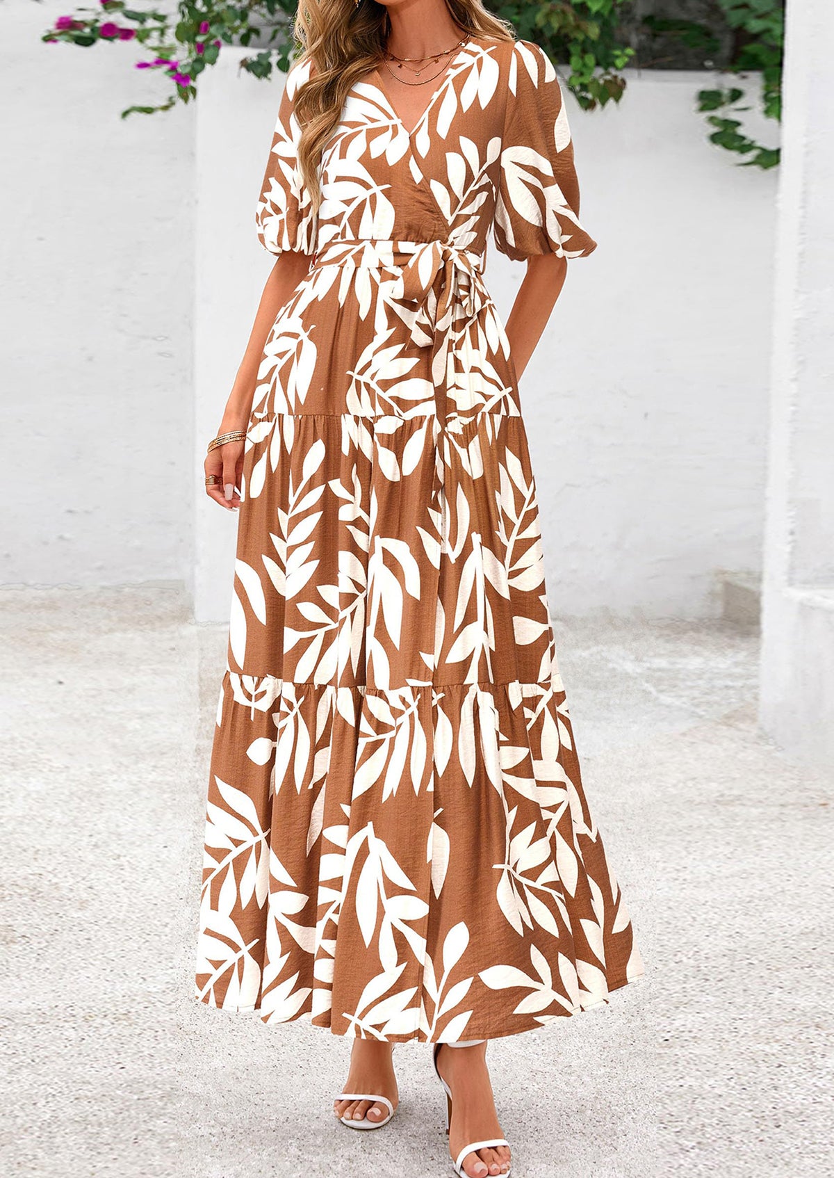 Bohemian Print V-Neck Short Sleeved Ruffled Vacation Maxi Dress