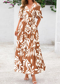 Bohemian Print V-Neck Short Sleeved Ruffled Vacation Maxi Dress