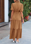 PRETTYGARDEN Women's Summer Maxi Dress Puff Short Sleeve Lapel V Neck Tiered A Line Flowy Elegant Party Dresses with Belt