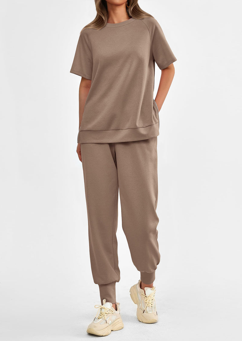 PRETTYGARDEN 2 Piece Outfit Tracksuits Casual Short Sleeve Tops High Waisted Sweatpants Set