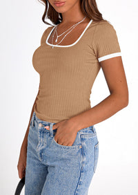 Casual Short Sleeve Ribbed Knit Square Neck Color Block Slim Fit Basic Crop T-shirts