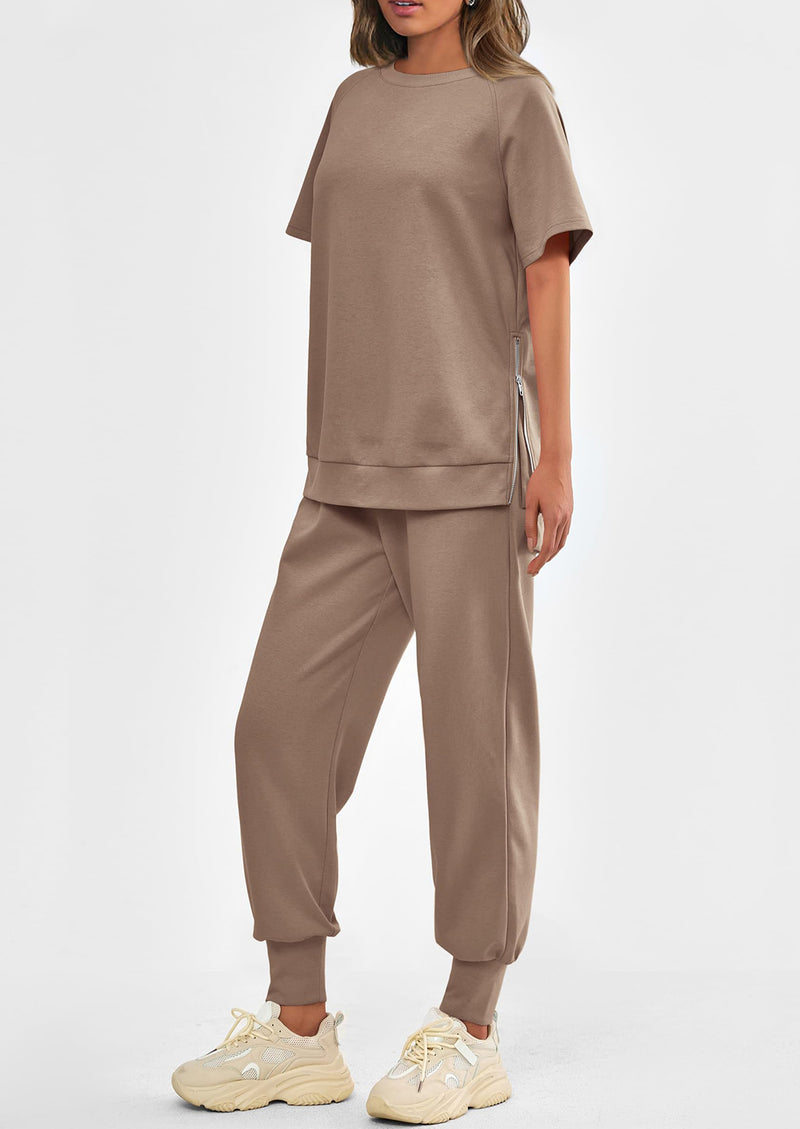 PRETTYGARDEN 2 Piece Outfit Tracksuits Casual Short Sleeve Tops High Waisted Sweatpants Set
