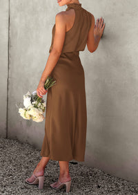 Satin sleeveless stand up collar party long dress