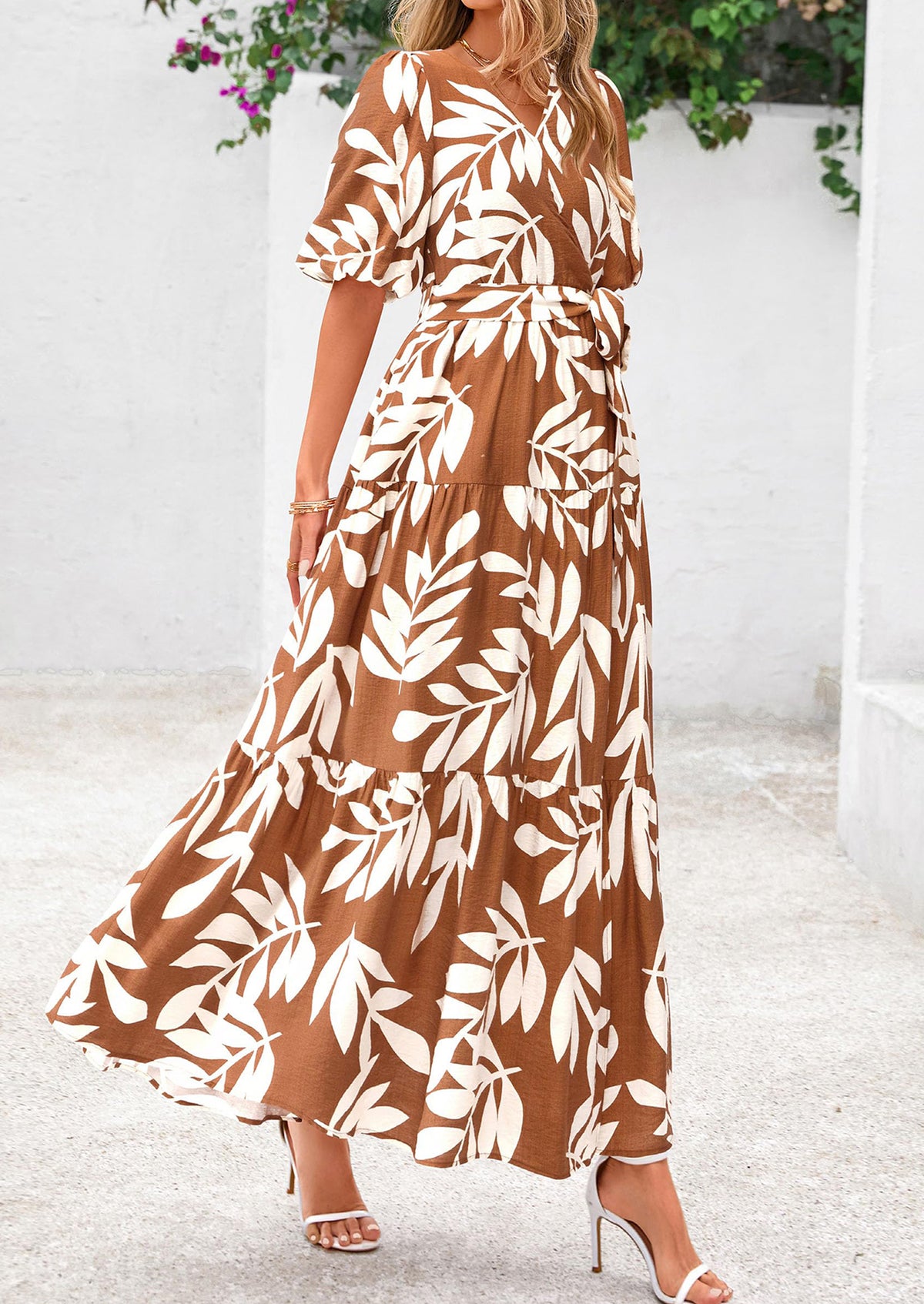 Bohemian Print V-Neck Short Sleeved Ruffled Vacation Maxi Dress