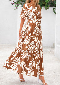 Bohemian Print V-Neck Short Sleeved Ruffled Vacation Maxi Dress